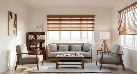 A bright and airy living room featuring a comfortable grey sofa, two matching armchairs, a wooden coffee table, and a bookshelf filled with books, bathed in ...