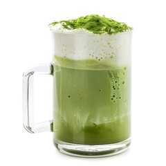 A transparent glass mug filled with a creamy frothy


