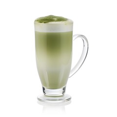 A transparent glass mug filled with a creamy frothy


