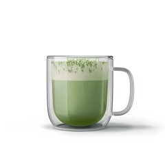A transparent glass mug filled with a creamy frothy



