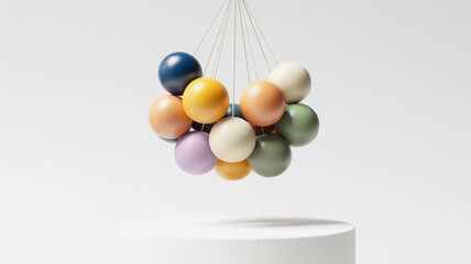 A minimalist still life photograph of a cluster of matte-colored wooden beads suspended by thin white strings against a plain white background