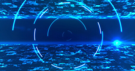 Modern looking awesome circular elliptical technology HUD moving tunnel bg. Business growth analytics showing success. Loopable elements cyberpunk sci-fi futurisitc grid laser-like flare.