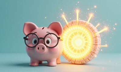 A smart piggy bank with glasses stands next to a glowing, futuristic tech orb, symbolizing modern financial growth and innovation.
