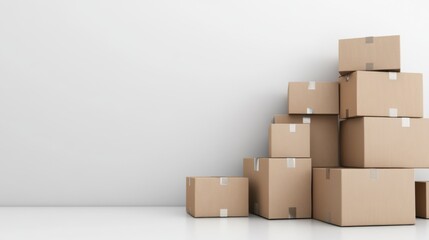 Stacked Brown Cardboard Boxes on Empty Wall Background in Room