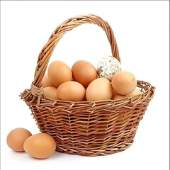 A woven wicker basket filled with fresh organic eggs 