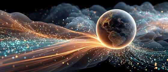 Earth enveloped by glowing streams of data