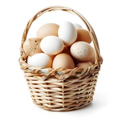 A woven wicker basket filled with fresh organic eggs 