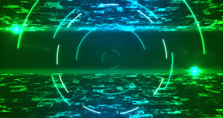 Modern looking awesome circular elliptical technology HUD moving tunnel bg. Business growth analytics showing success. Loopable elements cyberpunk sci-fi futurisitc grid laser-like flare.