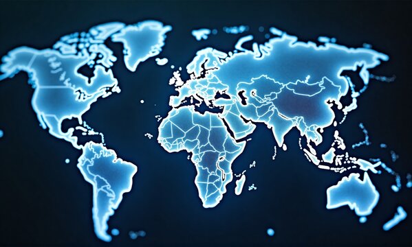 Illuminated world map with vibrant blue borders, highlighting continents and countries, symbolizing global interconnectedness.