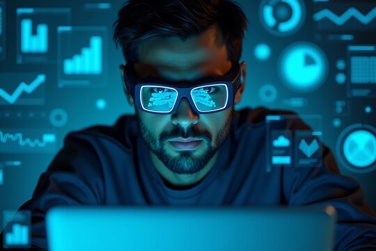 Man using augmented reality glasses for data analysis and visualization with charts and graphs on screen