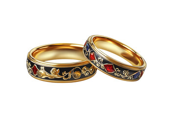 Beautiful wedding rings on a transparent background. Wedding, romantic, popular, festive business card. For designers, marketers. Space for text. AI generated.