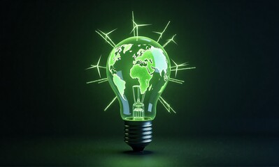 A glowing green light bulb contains a world map, surrounded by radiating wind turbines, symbolizing global renewable energy.