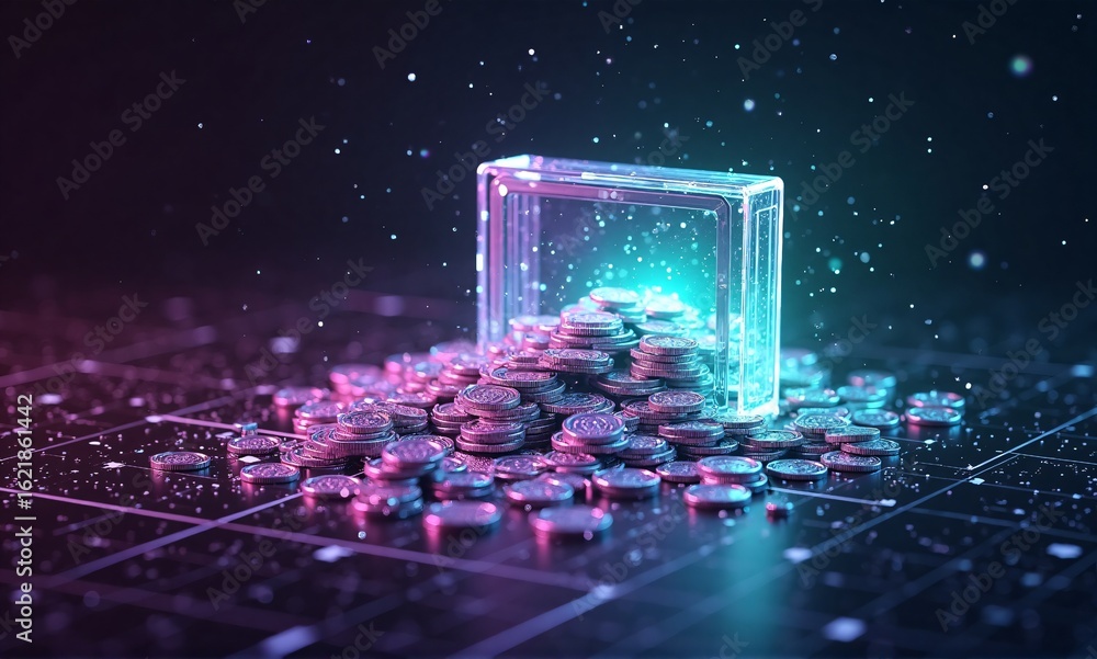 Poster a futuristic glowing cube overflowing with digital components on a circuit grid, bathed in neon ligh