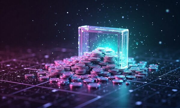 A futuristic glowing cube overflowing with digital components on a circuit grid, bathed in neon light, symbolizing data and technology.
