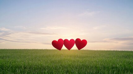 Three Red Hearts on Green Grass Against a Bright Sky Background