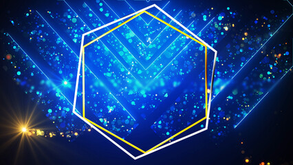Double hexagon ring moving gold silver, Luxury Royal. Gold metallic hex moving, with particles and light flare. Elegant futuristic clean modern design. Glamour glossy geometric shape. Wedding bg.