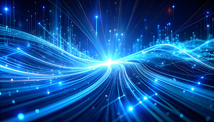 Fototapeta premium Abstract visualization of quantum computing with glowing particle paths and data streams