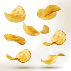 Several crispy golden potato chips levitating in mid air 
