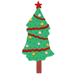 Cartoon Christmas Tree with Ornaments and Garlands