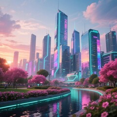 Obraz premium Futuristic Neon Cityscape with Garden Path and Skyscrapers