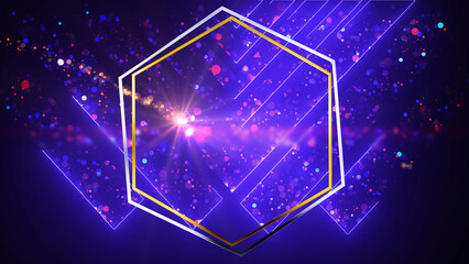 Double hexagon ring moving gold silver, Luxury Royal. Gold metallic hex moving, with particles and light flare. Elegant futuristic clean modern design. Glamour glossy geometric shape. Wedding bg.
