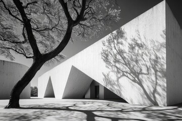 Modern architecture meets nature.  A grayscale image of a contemporary building with angular, light-colored forms,  shaded by trees