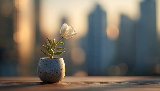 A single white tulip in a small, speckled, light beige ceramic vase sits on a wooden surface, bathed in warm golden light, with a blurred cityscape backdrop