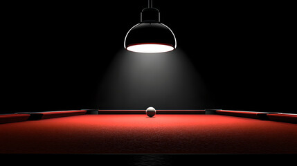 a glowing lamp illuminates a single white billiards ball centered on a red pool table in a dark room.
