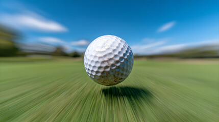 a golf ball is captured in mid-flight, frozen above a blurry, fast-moving green landscape.
