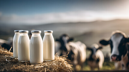 glass milk bottles sit on a hay bale, with a beautiful sunrise and cows in a field behind them.