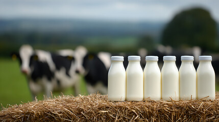 several glass milk bottles are arranged on a hay bale, with a herd of cows in the background.

