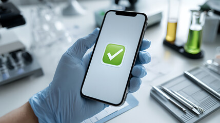 a gloved hand holds a smartphone displaying a green checkmark, symbolizing successful medical verification.
