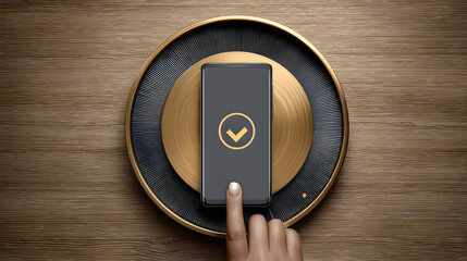 a hand places a smartphone on a wireless charger, confirming a successful connection with a checkmark.
