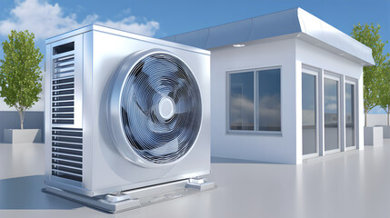 a huge air conditioning unit is shown in a modern industrial setting, with a building in the background.
