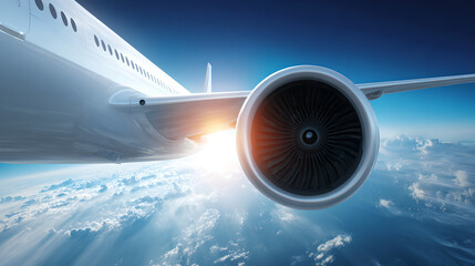a large airplane engine with a spinning turbine flies through the air above the clouds at sunrise.
