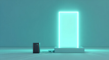 a glowing vertical light panel stands next to a small computer, suggesting a futuristic portal.
