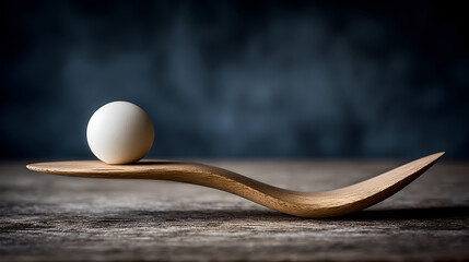 a single white ball is carefully balanced on a wooden spoon, creating a delicate, simple still-life composition.
