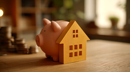 a paper cutout house on a piggy bank, representing the dream of saving for a home.
