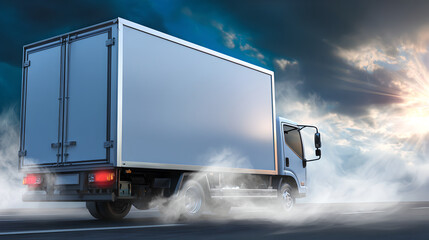 a delivery truck with its box trailer parked on a road, with exhaust fumes swirling in the background.
