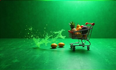A miniature shopping cart brimming with colorful fruits, with two lemons and a dynamic green splash on a vibrant green background.