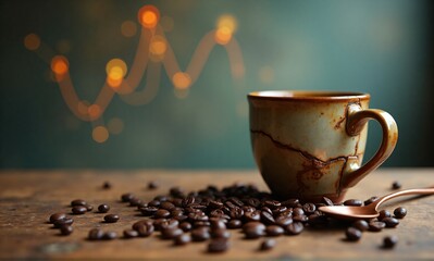 A rustic coffee mug and roasted beans sit on a wooden table, with glowing bokeh lights creating a warm, inviting backdrop.