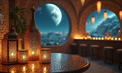 A cozy, atmospheric lounge with ornate lanterns and flickering candles, overlooking a moonlit mountain vista.