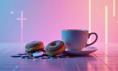 A cup of coffee and two donuts rest on a surface scattered with coins, bathed in vibrant pink and blue neon light.  The scene suggests a simple, sweet treat break, perhaps a moment of indulgence.
