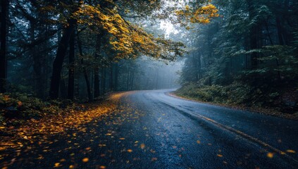 Obraz premium A winding, wet road through a misty autumn forest. Golden leaves carpet the roadway