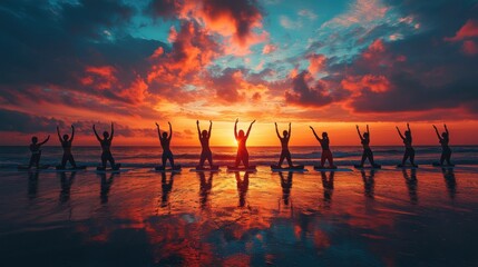 Group of surfers celebrating at sunset on beach