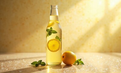 A refreshing beverage with citrus and mint, presented in a glass bottle.