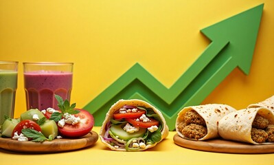 Nutritious meals and drinks like salads, wraps, and smoothies show a positive trend with an upward green arrow.