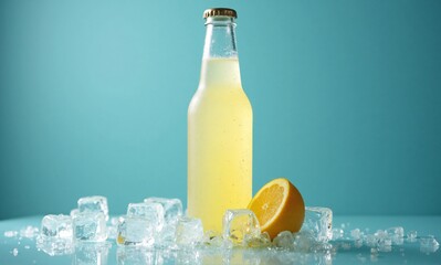 A refreshing glass bottle of pale yellow lemonade sits on a table surrounded by ice cubes and a lemon wedge against a teal background.  Perfect for a hot summer day.