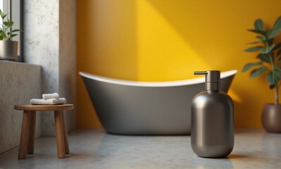 A modern bathroom with a stylish gray tub, a vibrant yellow wall, and natural light, creating a serene and inviting atmosphere.