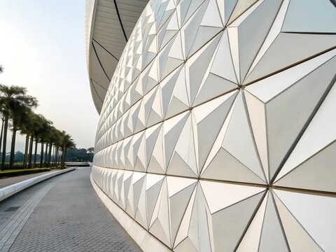 Architectural Facade Geometry: The eye-catching perspective of a modern building, featuring a complex, three-dimensional geometric facade, embodies architectural innovation and urban beauty.